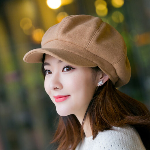 Odaixiu small head circumference hat women's beret Korean style wool octagonal British retro autumn and winter trendy versatile Japanese style literature and art burgundy M adjustable (54-59c)