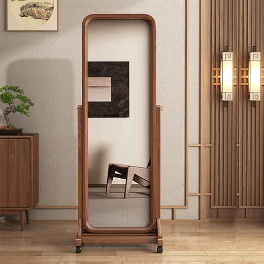 树语枫中式实木全身镜家用卧室穿衣镜大镜面可调节客厅可移动立式试衣镜 胡桃色-【高清防爆银镜】