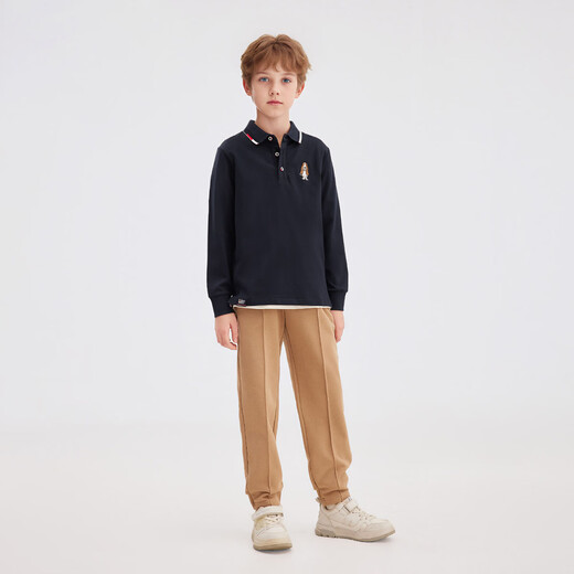 Hush Puppies children's clothing children's tops 2025 autumn new style boys and older children simple fashion stretchy temperament long-sleeved POLO shirt navy blue 110 cm