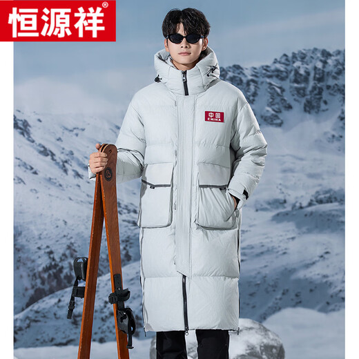 Hengyuanxiang high-end long knee-length down jacket for men 2025 winter new duck down jacket Northeast warm hooded jacket thick white M