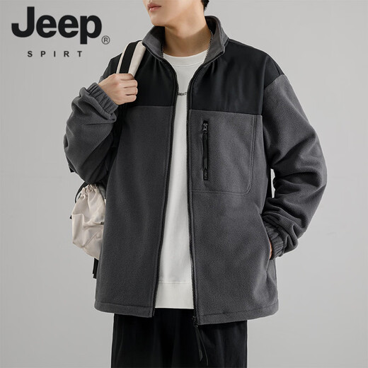 JEEP SPIRIT American Austrian Velvet Casual Stand Collar Jacket Men's 2026 Autumn and Winter New Windproof Versatile Color Block Cardigan Jacket Black M