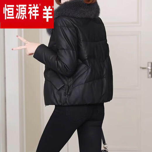 Hengyuanxiang Genuine Leather 2025 Winter New Fox Fur Collar Haining Fur Sheepskin Leather Jacket Down Jacket Women's Short Haining Leather Jacket Women's Genuine Leather Black L Top Ten Genuine Leather Jackets 110Jin Jin is equal to 0.5kg -120Jin Jin is equal to 0.5kg