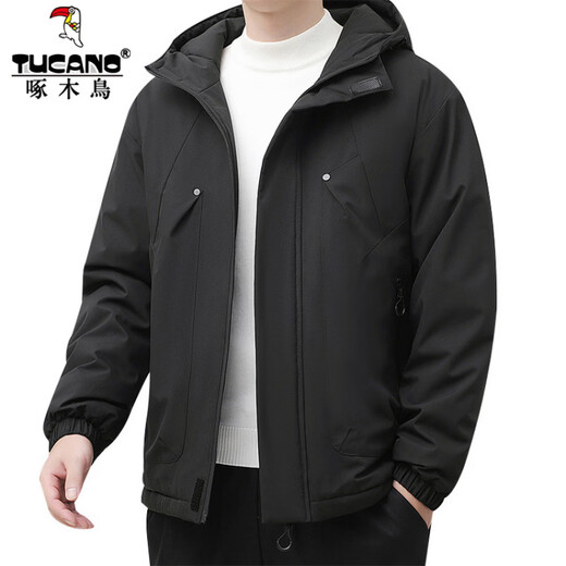 Woodpecker cold-resistant cotton coat men's winter fashion versatile plus velvet thickened bread coat hooded cotton jacket large size warm cotton coat 87022 black L
