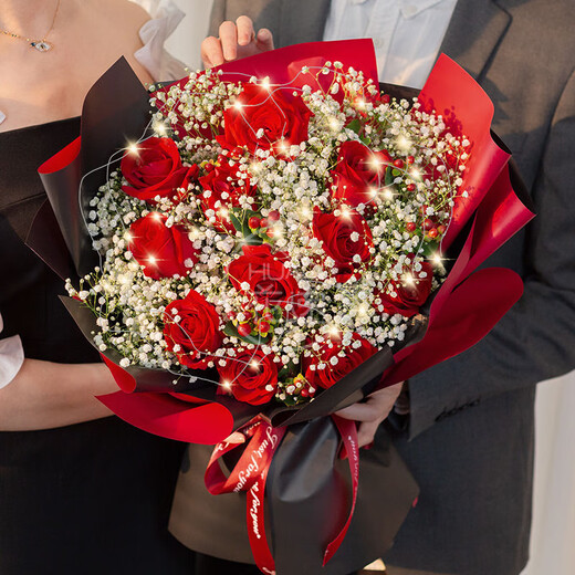 Baihuaguan Flowers Red Roses Gypsophila Real Bouquet Birthday Gift for Girlfriend Confession to Wife City Delivery Within Hours I Love You Like One 11 Red Roses + Gypsophila + Red Beans | T75