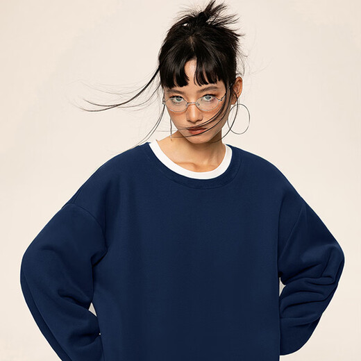 Pull-back heavy-weight lamb velvet sweatshirt for male students Japanese kitten ins versatile boys winter plus velvet thickened round neck inner wear Navy blue (dorky cat chest logo) S/165 (Warrior trendy brand quality assurance)