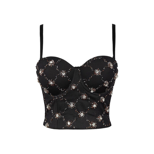 Lu Qiuguo Hot Girl Suspender Back Buckle Slim Bra Women's Outerwear Nightclub Shiny Beaded Underwear Stage Wear Black XS 34B/