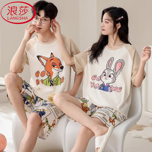 浪莎（LangSha）情侣睡衣夏季纯棉短袖睡裙女甜美韩版卡通可外穿男大码家居服套装 -687 M 单女