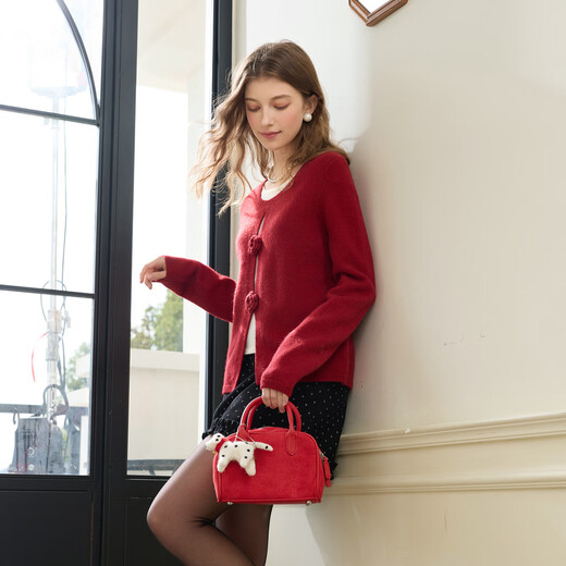 Sancai 2026 Spring New Camellia Sweater Long Sleeve Round Neck Fake Two-Piece New Year Sweater M