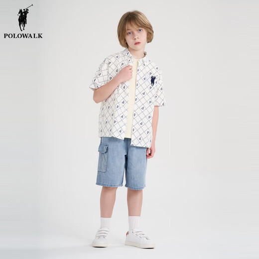 POLOWALK children's summer shirt boys' short-sleeved top shirt loose, comfortable and fashionable white 110 cm