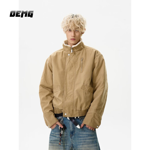 OEMG American retro pilot cotton jacket men's autumn and winter trendy brand tops jacket short work clothes plus velvet jacket Khaki XL recommended 110-130Jin Jin equals 0.5 kg