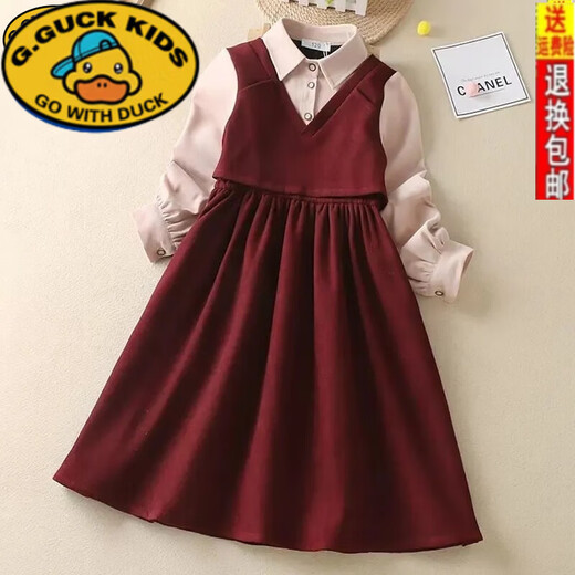 G.duck girls dress spring and autumn new trendy middle-aged and older children's college style male skirt little girl fake two-piece princess dress red 140