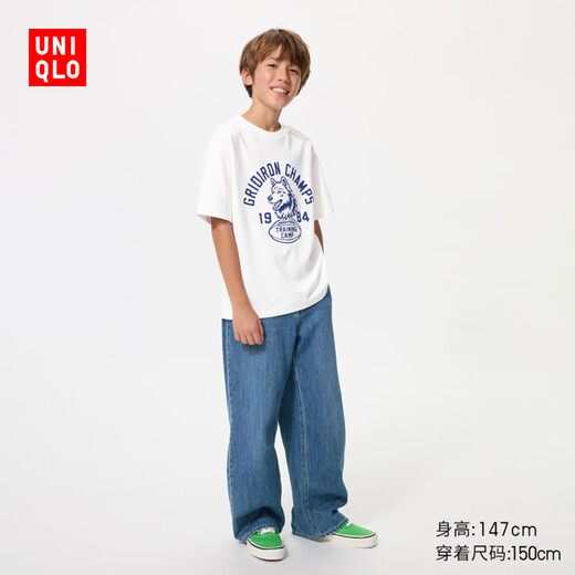 Uniqlo children's clothing boys and girls AIRism cotton blended printed round neck T-shirt/short-sleeved inner wear 483415 01 milky white 110