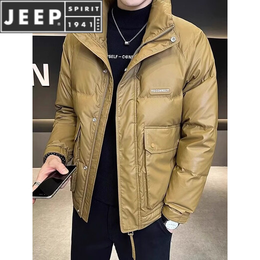 JEEP SPIRIT Leather Down Jacket Men's Winter 2025 New Men's Youth Short Winter Wear Thickened Stand Collar Jacket Army Green M