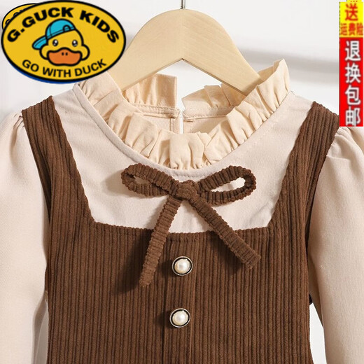 G.duck girls' fake two-piece dress autumn 2025 new medium and large children's sweet corduroy skirt fashionable princess dress khaki 120 fake two-piece suspender skirt