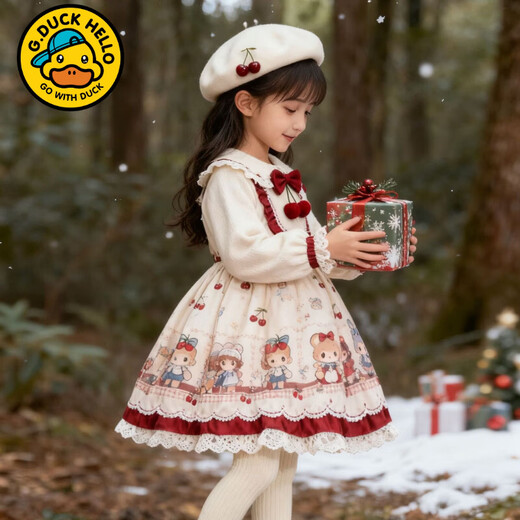 G.duck original girls winter Lolita dress new style 2025 temperament cherry baby skirt children's cartoon lace off-white cherry D99 plus velvet 130 cm