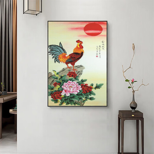 Chinese style rooster entrance feng shui fortune hanging painting study background wall rooster picture golden rooster crowing decorative painting ink H 70x100cm high-end crystal glossy aluminum alloy gold frame
