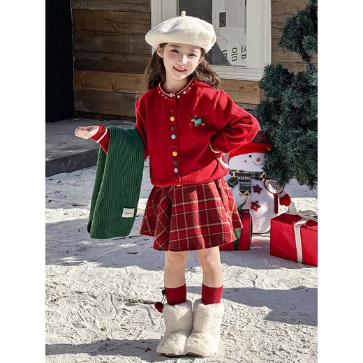 I.KARNOW Girls New Year Suit 2026 New Winter Clothes Children Red Knitted Sweater Girls New Year Shirt Thickened Skirt 4507 Plaid + 19805 Red Suit 120