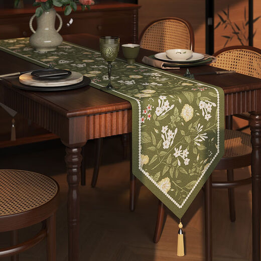Fantasy style table runner, tablecloth, long coffee table runner, TV cabinet sideboard cover, floral tea sea, triangular rice tassel table runner, linen cloth 30x260cm (applicable to tabletop length 200220cm)