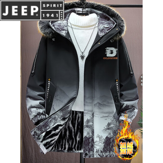 JEEP SPIRIT mid-length jacket for men in autumn and winter plus velvet and thickened large fur collar windbreaker jacket gradient color warm parka for men 717 white plus velvet and thickened M about 90-110Jin Jin is equal to 0.5 kg