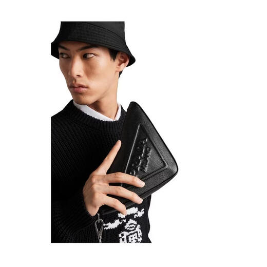 PRADA Men's Clutch Zippered Closure Portable Storage Accessory With Carry Black Genuine Leather Embossed Logo Black One Size