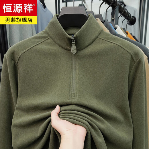 Hengyuanxiang anti-static autumn and winter zippered half-high collar long-sleeved T-shirt for men thickened and warm double-sided velvet sweatshirt with base layer khaki XL 52