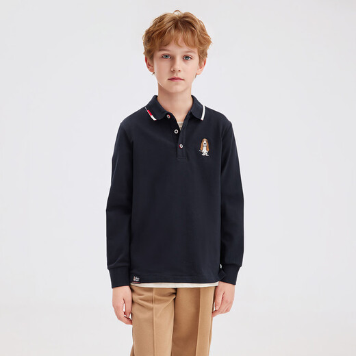 Hush Puppies children's clothing children's tops 2025 autumn new style boys and older children simple fashion stretchy temperament long-sleeved POLO shirt navy blue 110 cm