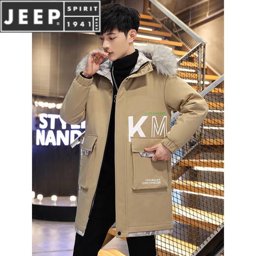 JEEP SPIRIT autumn and winter men's velvet thickened windbreaker men's hooded fur collar mid-length trendy casual warm jacket top black M