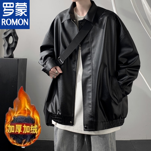 ROMON winter leather jacket men's velvet thickened American high street motorcycle jacket handsome loose casual pu leather top with black German velvet lining M The quality is higher than that of its peers