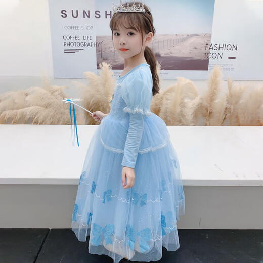 Spring and Autumn New Elsa Princess Dress Girls Dress Bow Printed Gauze Skirt Children's Puff Skirt Winter Plush Velvet Princess Skirt Single Skirt 120 cm