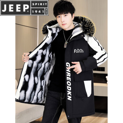 JEEP SPIRIT冬季派克服男士冲锋衣加绒加厚夹克男冬装棉服中长款风衣保暖外套 黑色【加 绒加 厚】 M 【80-100斤】