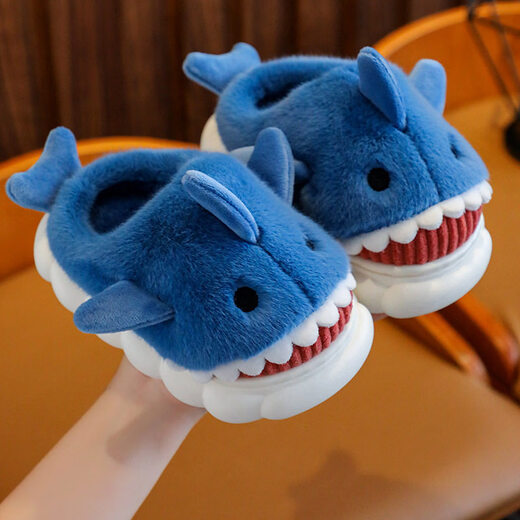 Aoyanlai New Product Children's Cotton Slippers Autumn and Winter Cartoon Shark Boys Indoor Non-Slip Teenagers Thick Sole Warm Home Blue (Not Rooted) 18 150mm