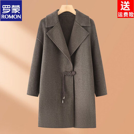 ROMON New Chinese Mother Spring and Autumn Jacket 26 New Style Grandma's Wedding Dress Mid-Length Double-sided Woolen Coat Women Black Gray XL Recommended 85-105Jin Jin equals 0.5kg