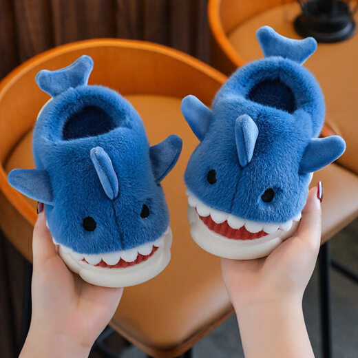 Aoyanlai New Product Children's Cotton Slippers Autumn and Winter Cartoon Shark Boys Indoor Non-Slip Teenagers Thick Sole Warm Home Blue (Not Rooted) 18 150mm