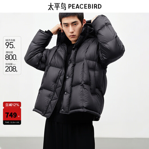 PEACEBIRD Herren 95 % importierte Entendaunen-Daunenjacke mit Kapuze, Winter-Brotjacke, kältebeständige kurze Rippenjacke, 15D Shadow Black (breiter Typ), dritte Charge, L
