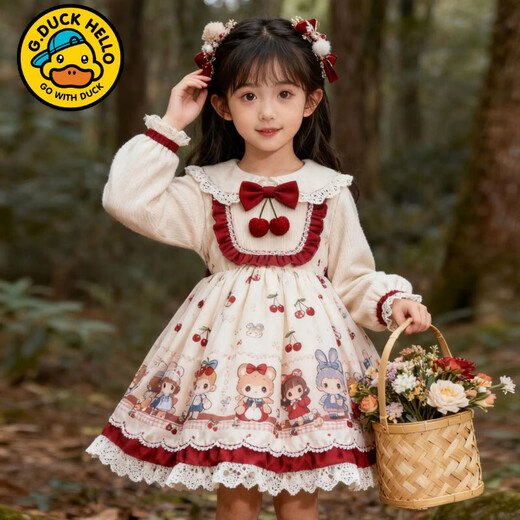 G.duck original girls winter Lolita dress new style 2025 temperament cherry baby skirt children's cartoon lace off-white cherry D99 plus velvet 130 cm