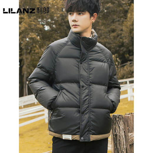 利郎（LILANZ）官方90白鸭绒羽绒服男冬季拼色立领2025年新款时尚面包服加厚冬装 黑色-旗舰款 M 【110斤以内】