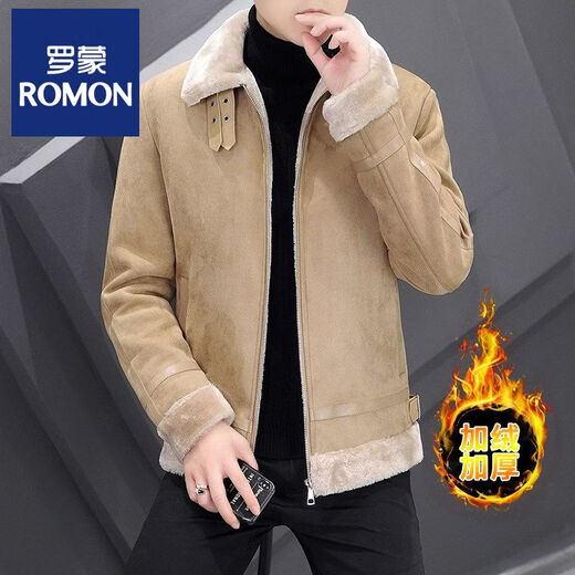 ROMON winter coat men's short windbreaker fur integrated velvet thickened sherpa jacket motorcycle jacket khaki M