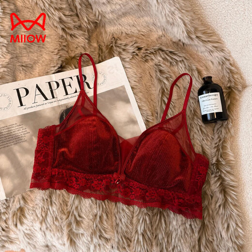 Cat Man (MiiOW) Rabbit Ear Cup Zodiac Year Red Underwear Women's No Wires Large Breasts Show Small Small Secondary Breasts Anti-Sagging Bra Cloud Satin Red M 75-90Jin Jin is equal to 0.5 kg