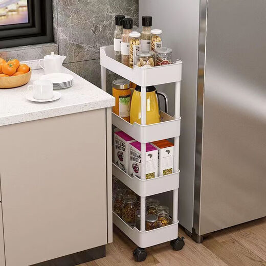 Trolley sandwich storage rack floor-standing movable multi-layer kitchen household vegetable bathroom narrow-side storage shelf simple white four-layer-15 wide comes with silent wheels