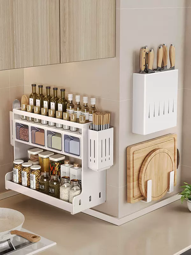 Yusenyi wall-mounted multi-functional punch-hole oil-free salt sauce vinegar storage rack kitchen condiment jar seasoning box (standard style) 3 compartments - 2 chopstick barrels