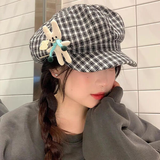 QUEEN TRIP Japanese cartoon doll retro plaid octagonal hat spring and autumn versatile cloud beret painter newsboy hat trendy Japanese doll painter hat black