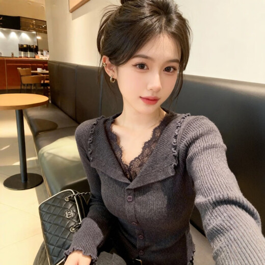Hengyuanxiang black v-neck lace trim slim-fitting sweater for women 2025 new winter wear inner base top brand dark gray sweater for women 2025/very good-looking tops that do not conflict with style/autumn and winter wear M 95-115Jin Jin is equal to 0.5 kg