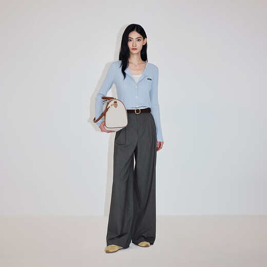 OCHIRLY new product wool pit striped knitted jacket women's cardigan top slim fit and versatile 2026 spring light blue S