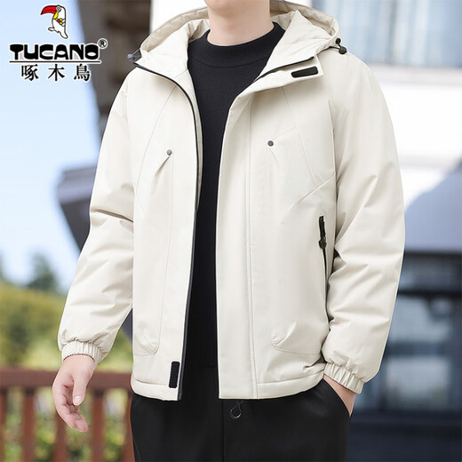 Woodpecker cold-resistant cotton coat men's winter fashion versatile plus velvet thickened bread coat hooded cotton jacket large size warm cotton coat 87022 black L