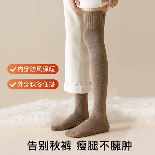 NEARKINS lamb wool over-the-knee socks for women in autumn and winter, extra length, plus velvet, thickened, warm brown thigh socks, non-slip, long tube, 70cm_soft and waxy lamb wool, coffee color + dark gray, 2 pairs, one size fits all, extra long over the knee_no need to wear long johns