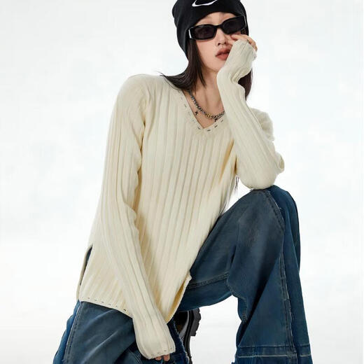 ICH MODE American sweater women's spring and autumn loose inner knitted bottoming shirt long-sleeved lazy style top black S