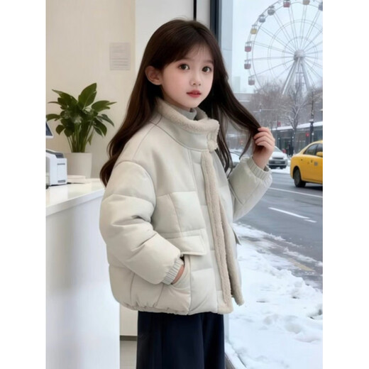 Disney Down Jacket Girls' Cotton Clothes Winter New Style Children's Style Korean Style Spliced Cotton Clothes Winter Girls' Padded Clothes Thickened Outer Cotton Clothes Style Beige Color 120 cm Card Code Take One Size Larger
