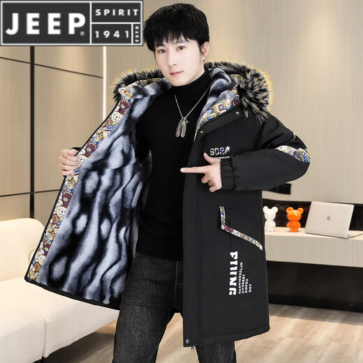 JEEP SPIRIT Winter Parka Men's Jacket Plus Velvet Thickened Jacket Men's Winter Cotton Clothes Mid-Length Windbreaker Warm Jacket Black Plus Velvet Thickened M 80-100Jin Jin is equal to 0.5 kg