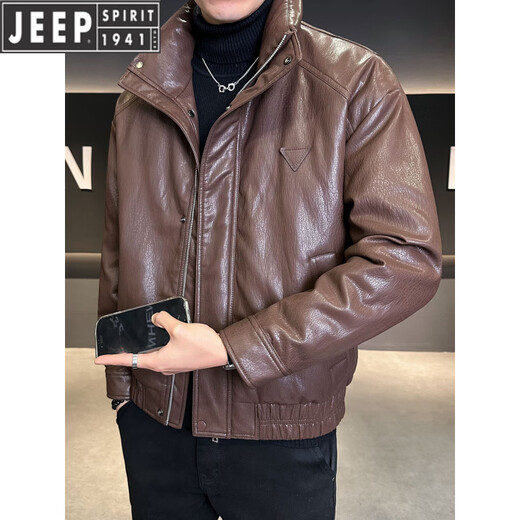 JEEP吉普免洗机车皮羽绒服男冬季2025新款立领休闲加厚保暖外套男装潮 黑色 M 推荐100-130斤