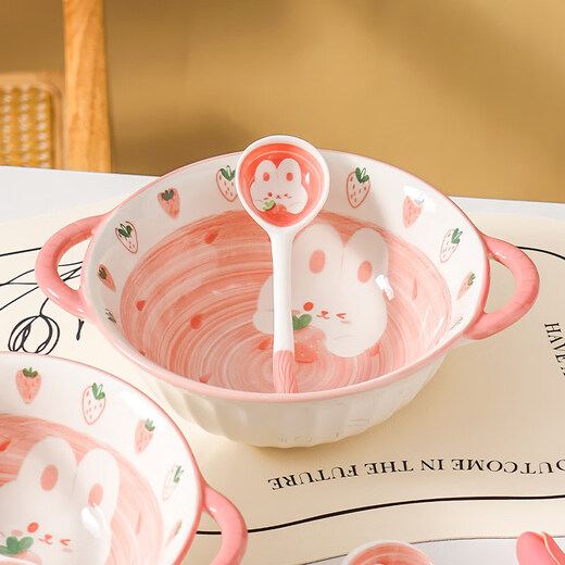 Tuojin cute ceramic double-eared soup bowl, large snail noodle bowl, large bowl, children's instant noodle bowl, personal rice bowl and dish set, exquisite gift box for 6 people, 27-piece set
